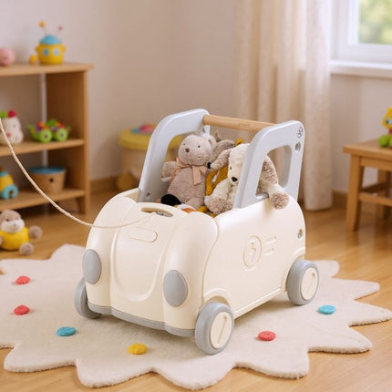 Toddler Ride-On Train Cart with Pull Rope, Storage, White