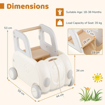 Toddler Ride-On Train Cart with Pull Rope, Storage, White