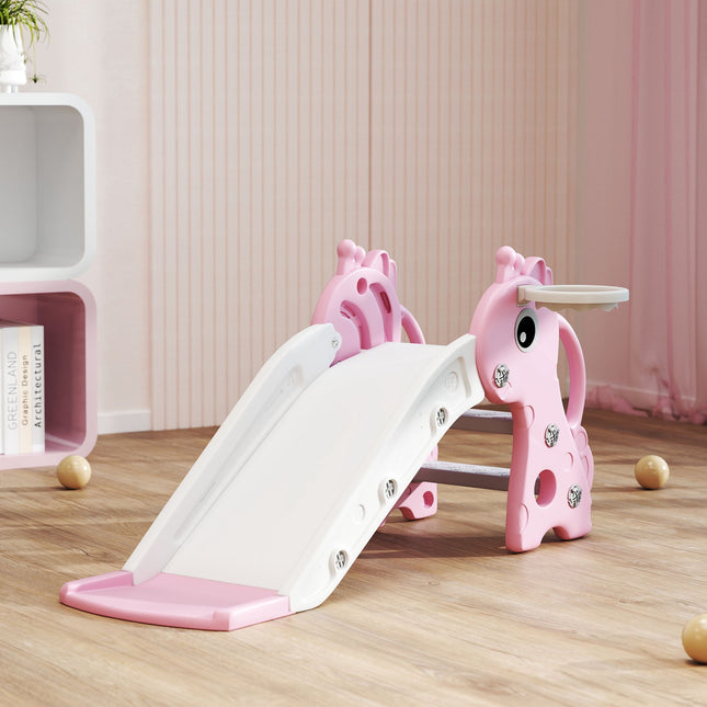 Peuterglijbaan met basketbalring, giraffendesign, roze
