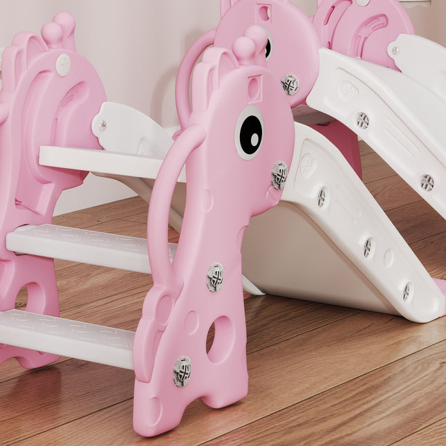 Peuterglijbaan met basketbalring, giraffendesign, roze