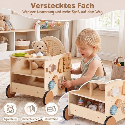 Toddler Wooden Push Walker with Activity Center and Storage