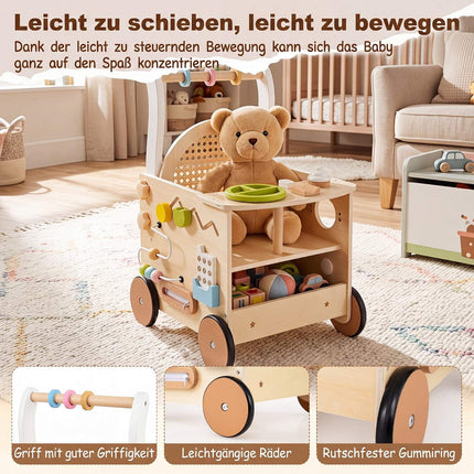 Toddler Wooden Push Walker with Activity Center and Storage