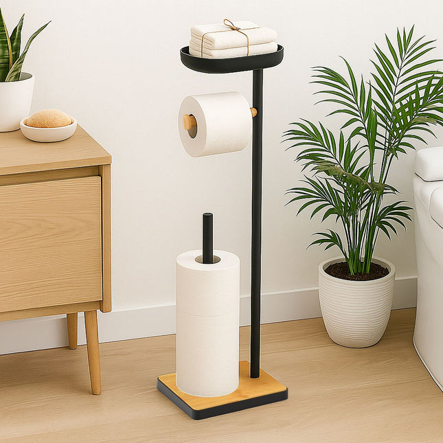 Toilet Paper Holder with Shelf – Bamboo, Freestanding