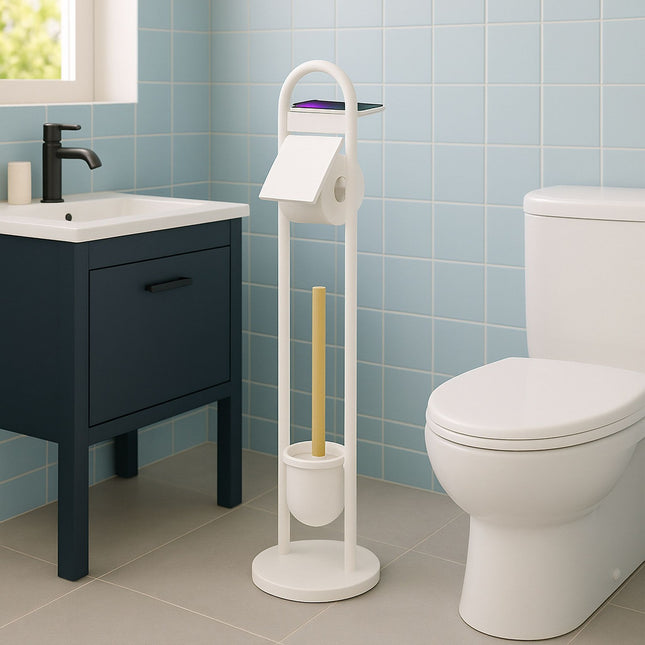 Toilet Paper Holder with Shelf – Metal and Bamboo