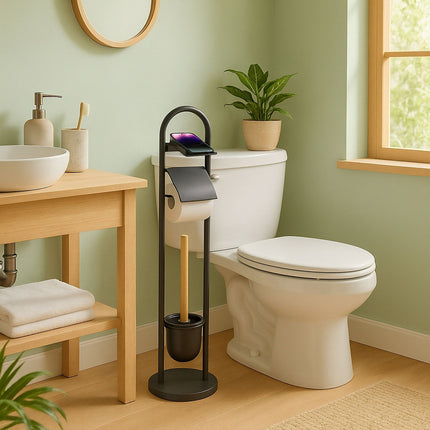 Toilet Paper Holder with Shelf – Metal and Bamboo