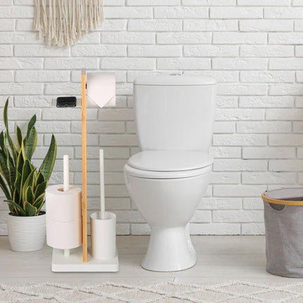 Toilet Roll Holder & Brush Set with Bamboo Shelf