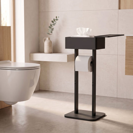 Toilet Roll Holder with Storage Shelf – Black Bamboo