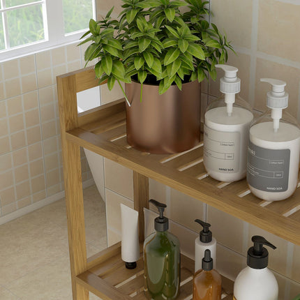 Bathroom shelf in 3 levels in bamboo with tip protection