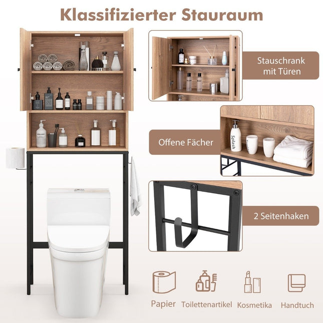 Toilet cabinet freestanding toilet shelf with 2 doors &amp; 2 hooks 63 x 23 x 165.5 cm natural
