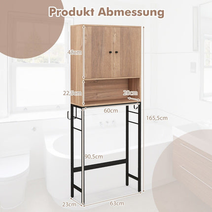 Toilet cabinet freestanding toilet shelf with 2 doors &amp; 2 hooks 63 x 23 x 165.5 cm natural