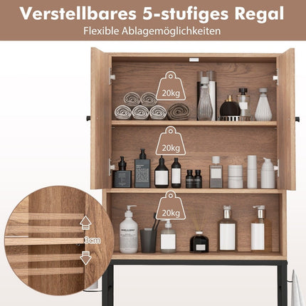 Toilet cabinet freestanding toilet shelf with 2 doors &amp; 2 hooks 63 x 23 x 165.5 cm natural