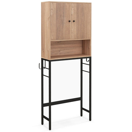 Toilet cabinet freestanding toilet shelf with 2 doors &amp; 2 hooks 63 x 23 x 165.5 cm natural