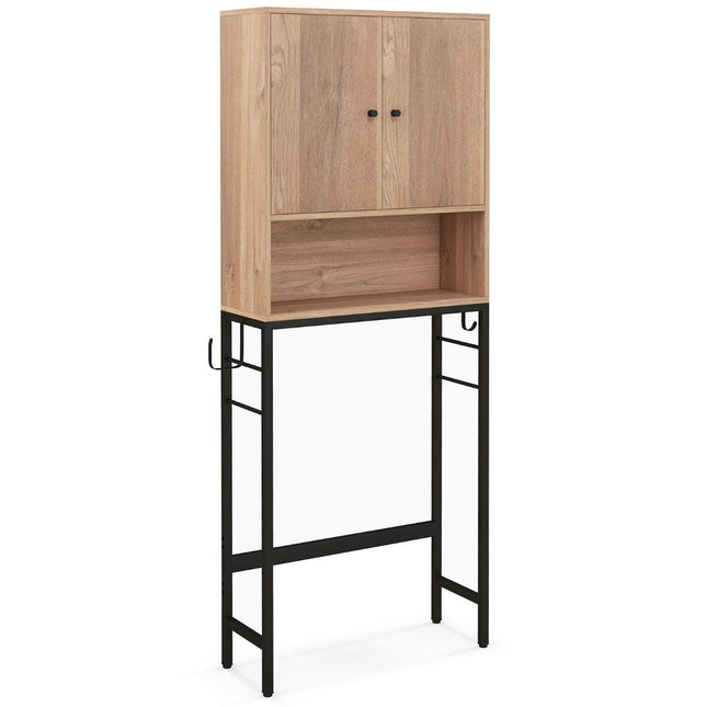 Toilet cabinet freestanding toilet shelf with 2 doors &amp; 2 hooks 63 x 23 x 165.5 cm natural