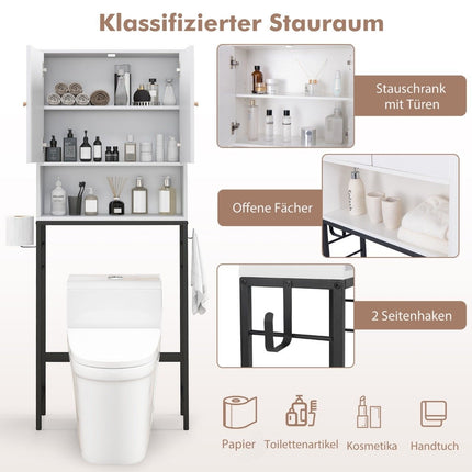 Toilet cabinet freestanding toilet shelf with 2 doors &amp; 2 hooks 63 x 23 x 165.5 cm white