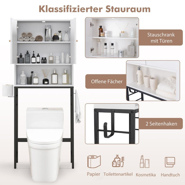 Toilet cabinet freestanding toilet shelf with 2 doors &amp; 2 hooks 63 x 23 x 165.5 cm white