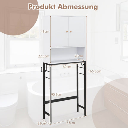 Toilet cabinet freestanding toilet shelf with 2 doors &amp; 2 hooks 63 x 23 x 165.5 cm white