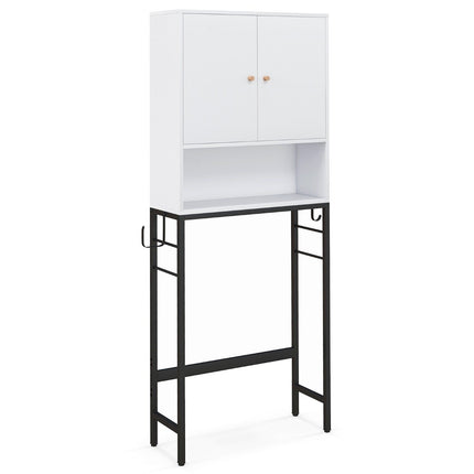 Toilet cabinet freestanding toilet shelf with 2 doors &amp; 2 hooks 63 x 23 x 165.5 cm white