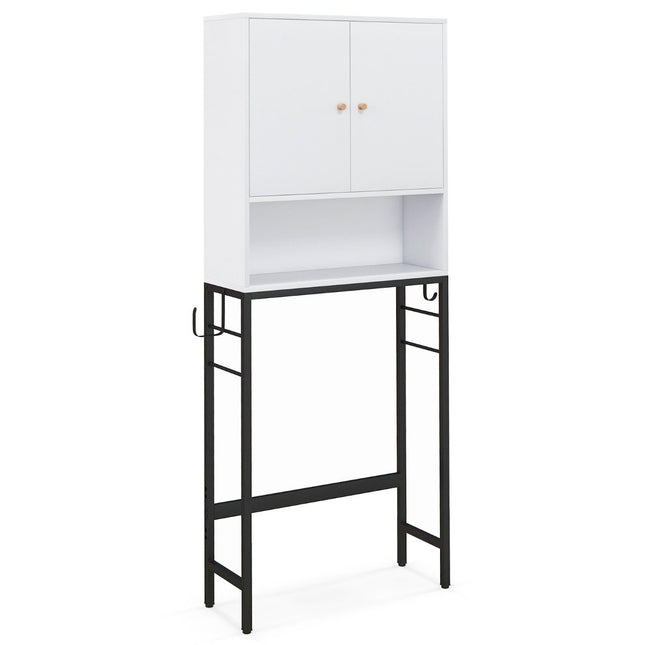 Toilet cabinet freestanding toilet shelf with 2 doors &amp; 2 hooks 63 x 23 x 165.5 cm white
