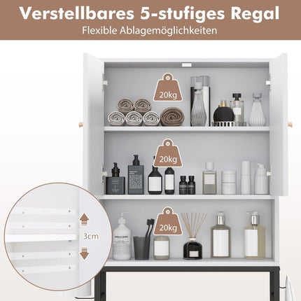 Toilet cabinet freestanding toilet shelf with 2 doors &amp; 2 hooks 63 x 23 x 165.5 cm white