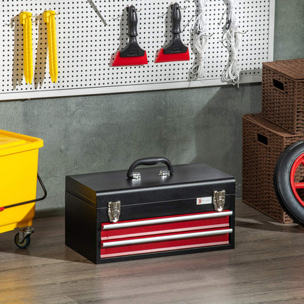 Steel tool box with handle - 2 locking drawers, black/red