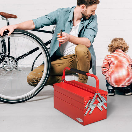 Space-saving steel toolbox with 5 compartments, red