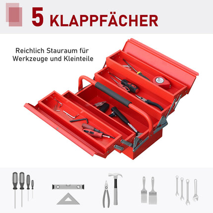 Space-saving steel toolbox with 5 compartments, red