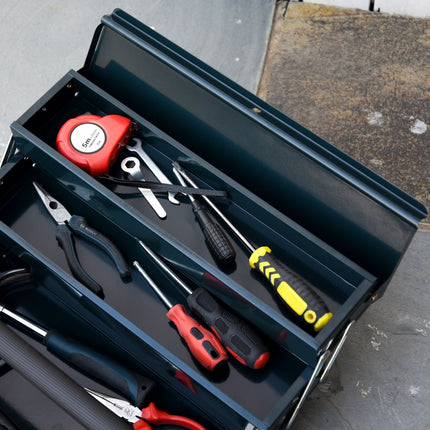 Steel tool box: hinged, 5 compartments, dark green