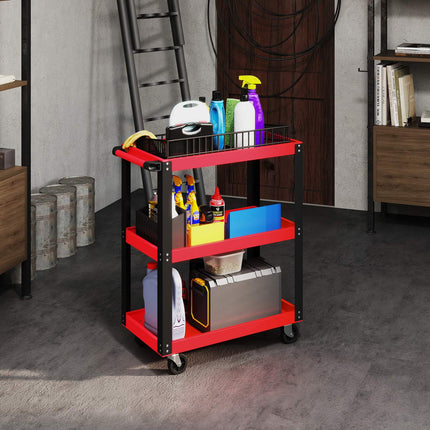 Tool Cart, 3 Tiers, Metal Frame, 120kg Capacity, Red