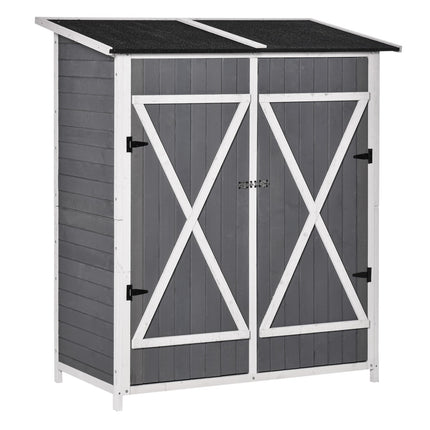 Garden tool shed, spruce, asphalt roof, 2 doors, gray and white