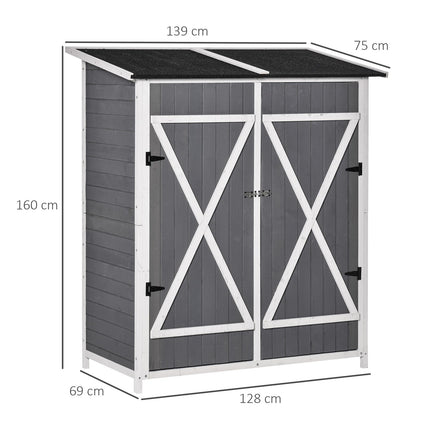 Garden tool shed, spruce, asphalt roof, 2 doors, gray and white
