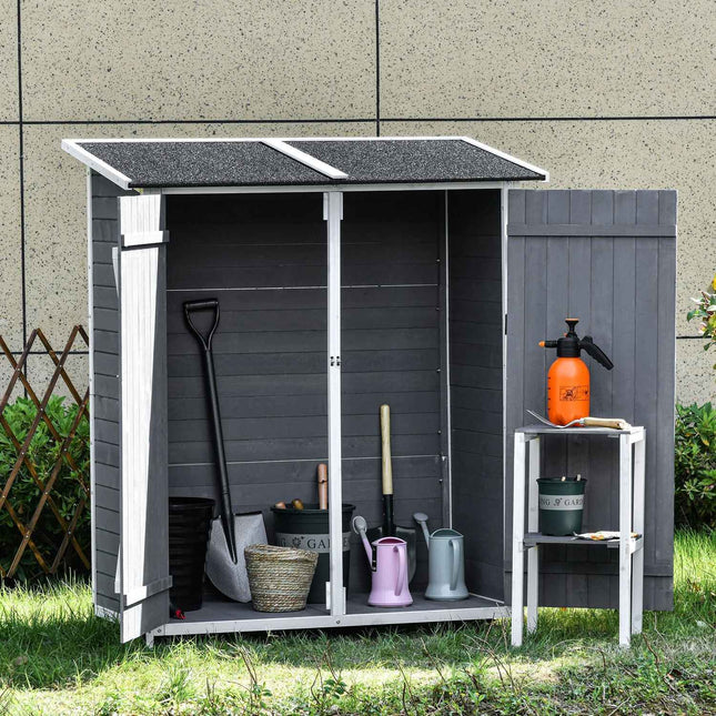Garden tool shed, spruce, asphalt roof, 2 doors, gray and white