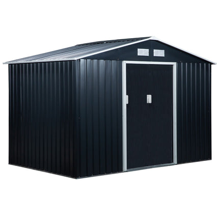 Garden shed in charcoal gray steel with floor and sliding doors
