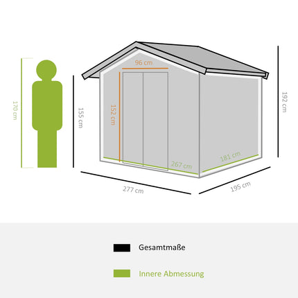 Garden shed in charcoal gray steel with floor and sliding doors