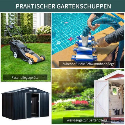 Garden shed in charcoal gray steel with floor and sliding doors