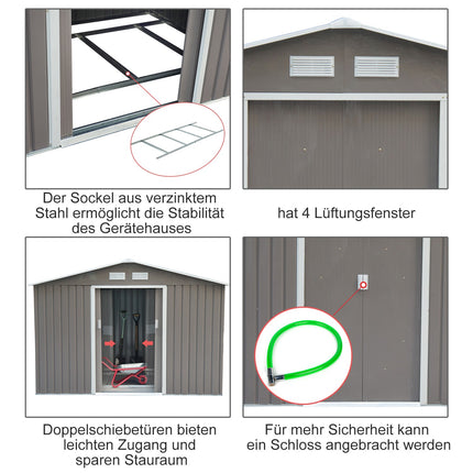 Weatherproof steel garden shed, sliding doors, floor frame