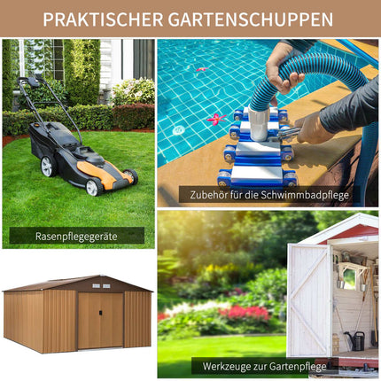 Metal garden tool shed, brown, with base plate, 340x386x200 cm