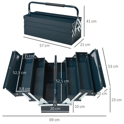 Collapsible steel toolbox, 5 compartments, dark green, 57x21x41 cm