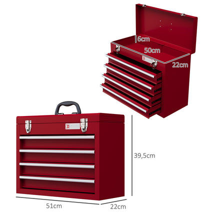 Steel tool box with lock, 4 drawers, top storage, 51 cm
