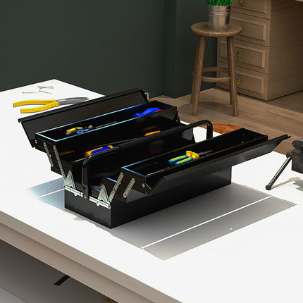 Folding tool box in steel, 5 compartments, black, 56x20x41 cm