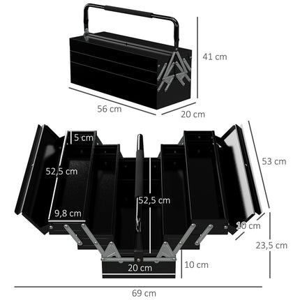 Folding tool box in steel, 5 compartments, black, 56x20x41 cm