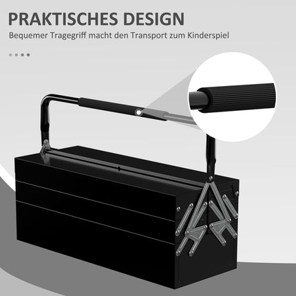 Folding tool box in steel, 5 compartments, black, 56x20x41 cm