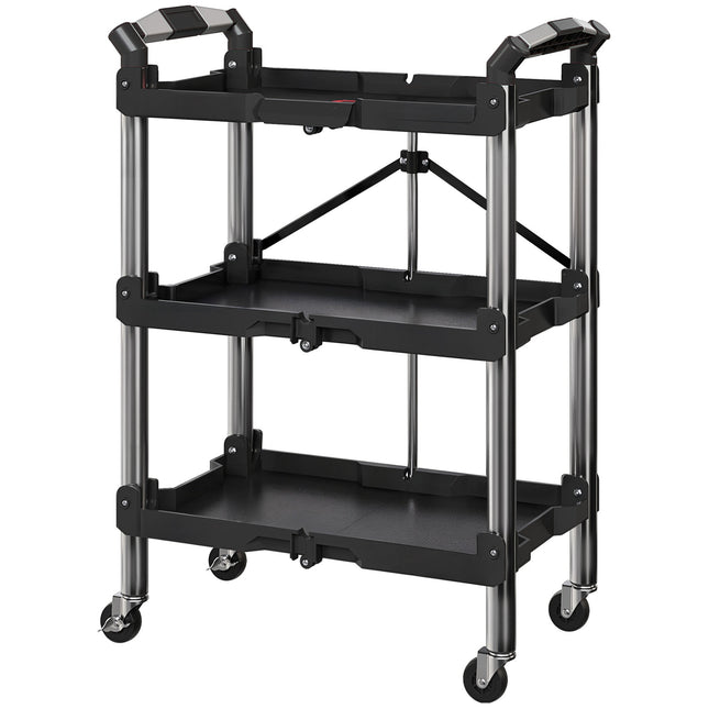 Tool trolley, foldable 3-tier tool cart, plastic, steel, black