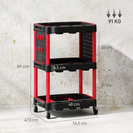 Tool Trolley, 3-Tier Shelves, 4 Wheels, Plastic, Red