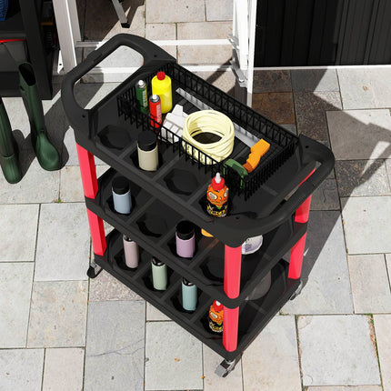 Tool trolley with 3 levels, side handles, wheels, plastic, red