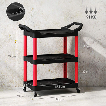 Tool trolley with 3 levels, side handles, wheels, plastic, red