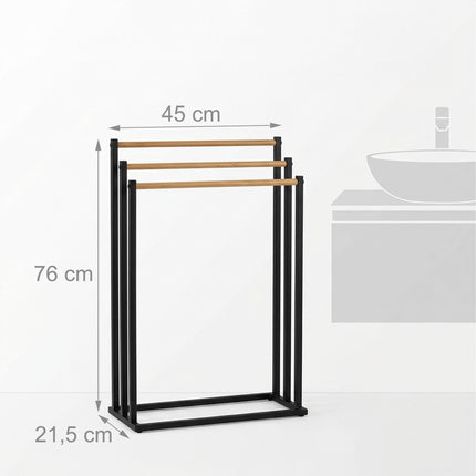 Towel Rack, 3-Bar Freestanding Metal and Bamboo