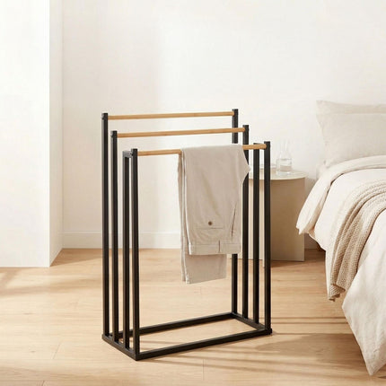 Towel Rack, 3-Bar Freestanding Metal and Bamboo