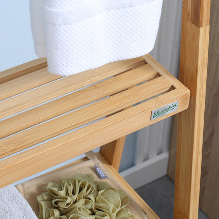 Foldable bamboo towel rack with 3 bars and shelves