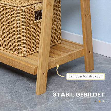 Foldable bamboo towel rack with 3 bars and shelves