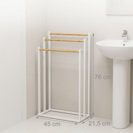 Towel Rack, Freestanding 3-Bar Metal and Bamboo